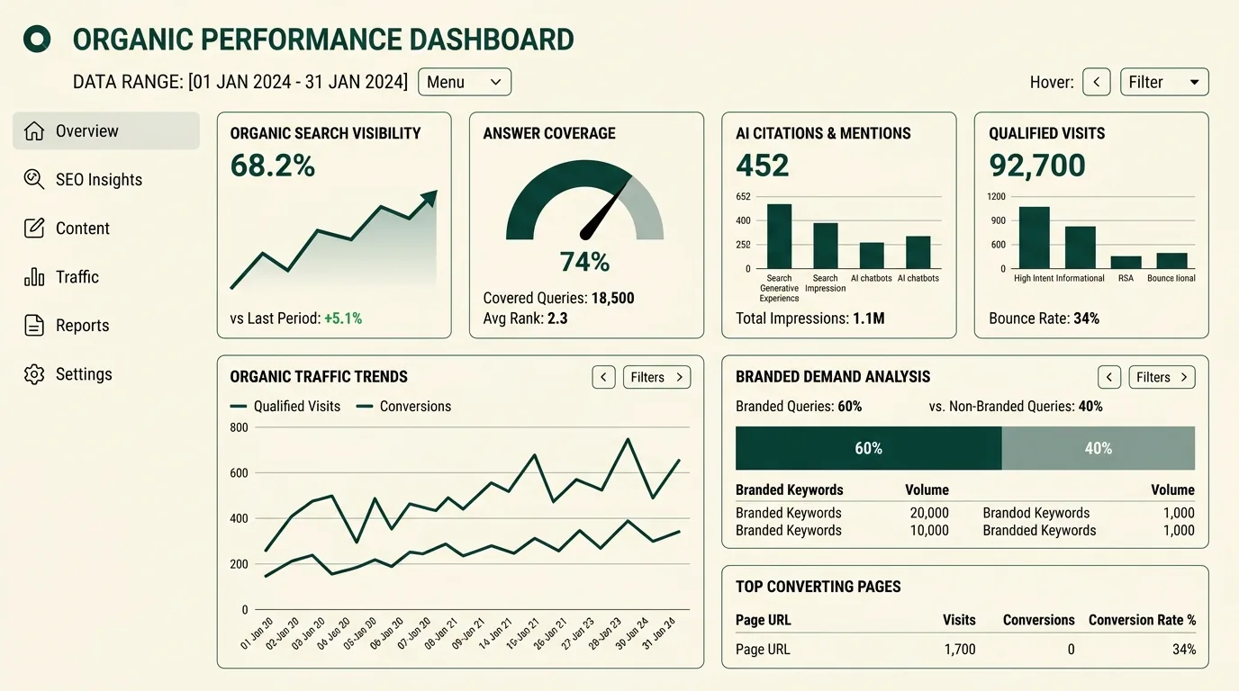 SEO, AEO, and GEO measurement dashboard.
