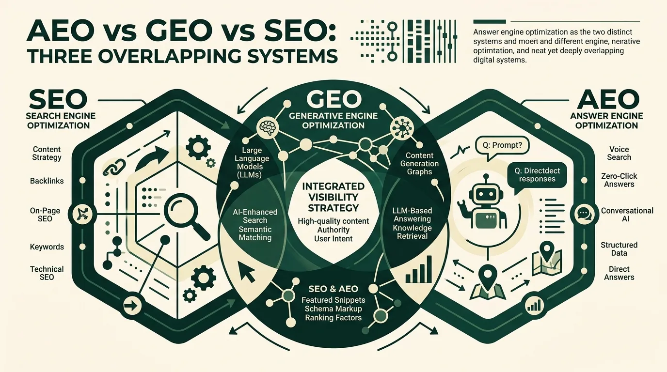 Conceptual illustration of AEO vs GEO vs SEO, three overlapping systems.