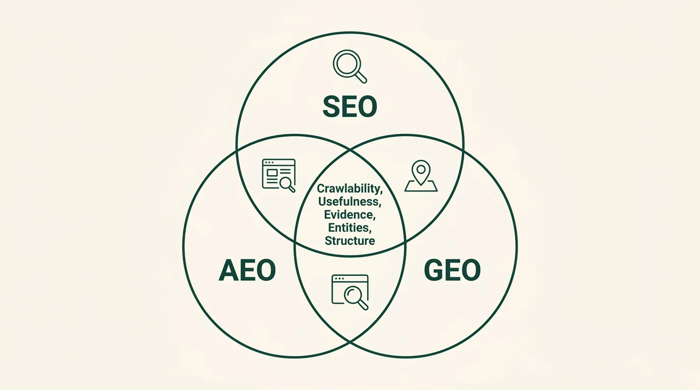 Overlap between SEO, AEO, and GEO.
