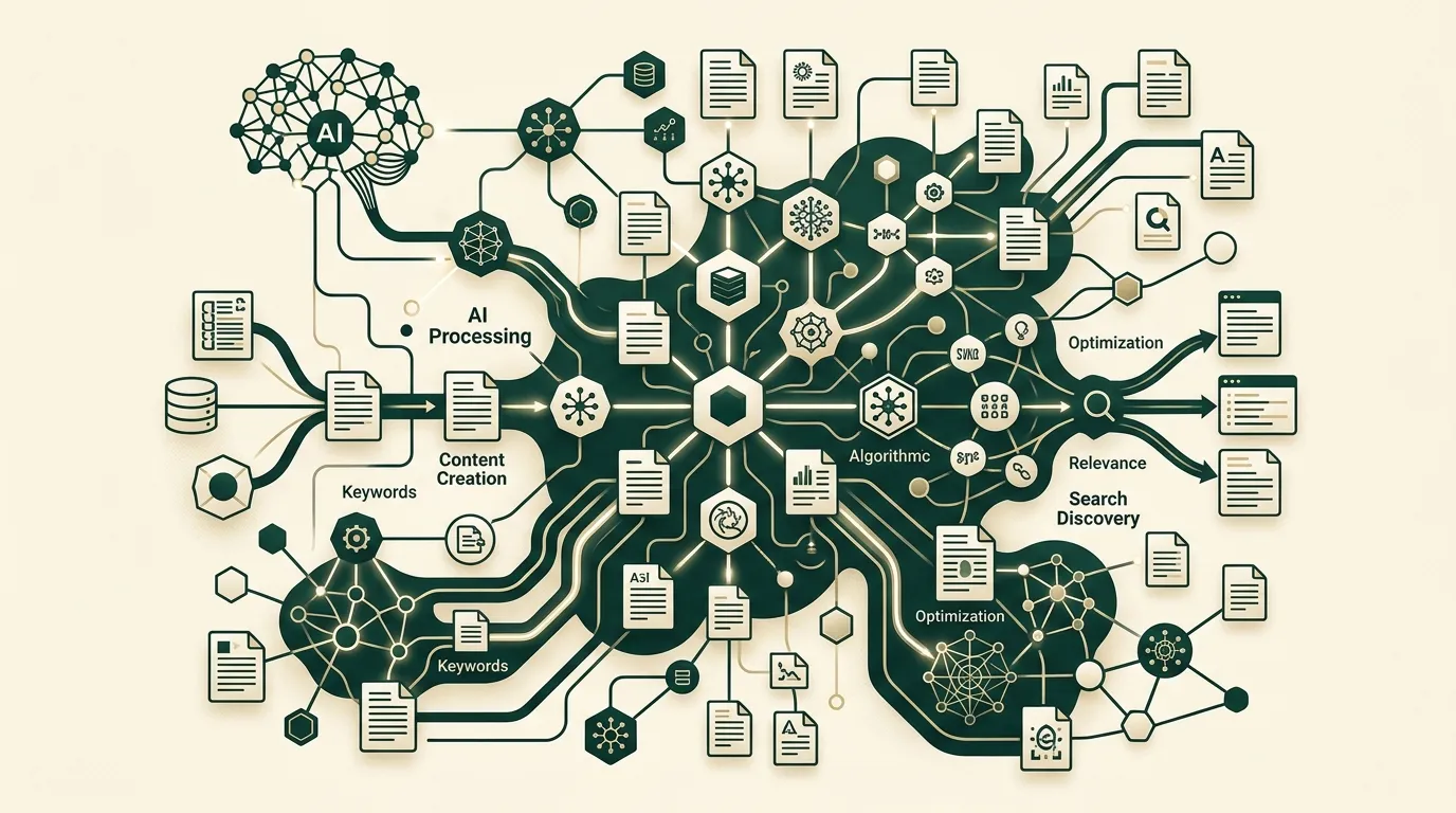 Conceptual illustration of digital content strategy for AI and search discovery.