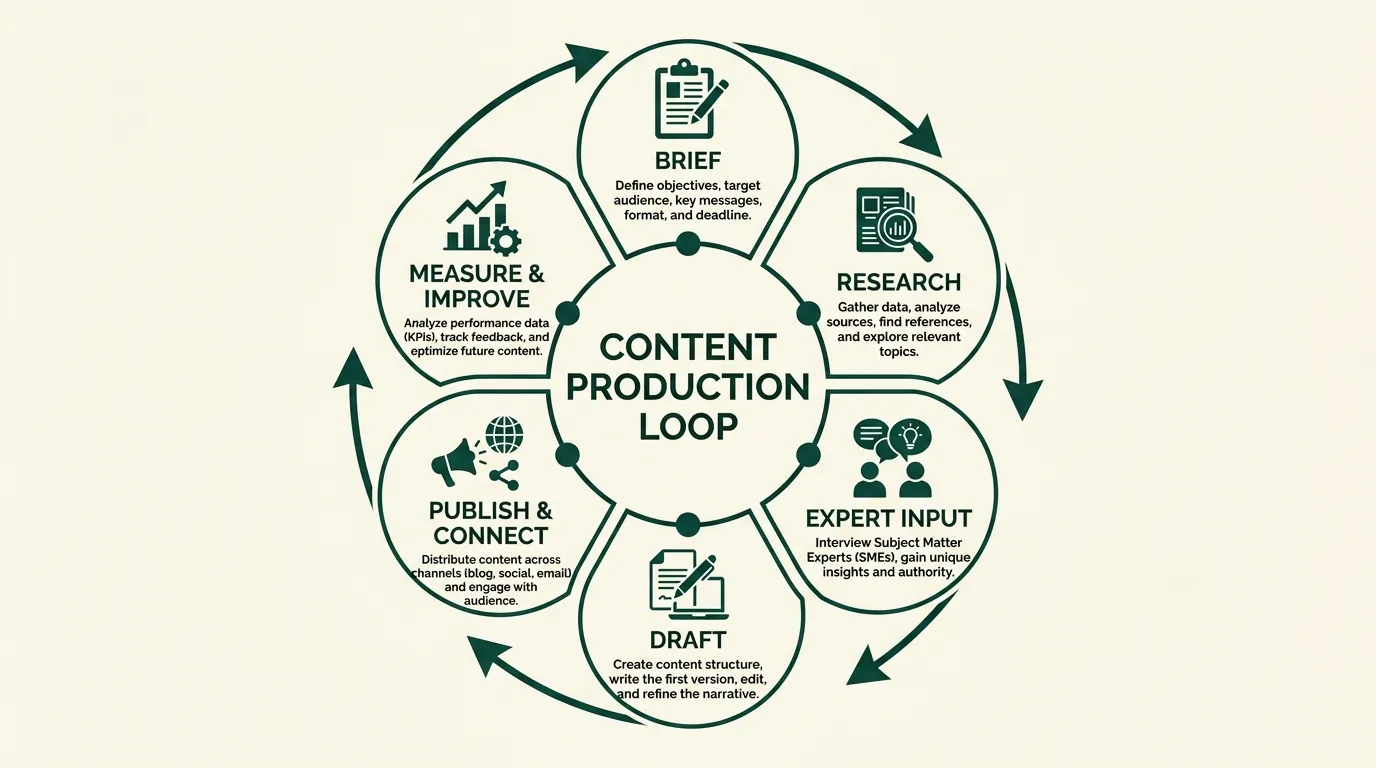 Content production workflow for search and AI discovery.