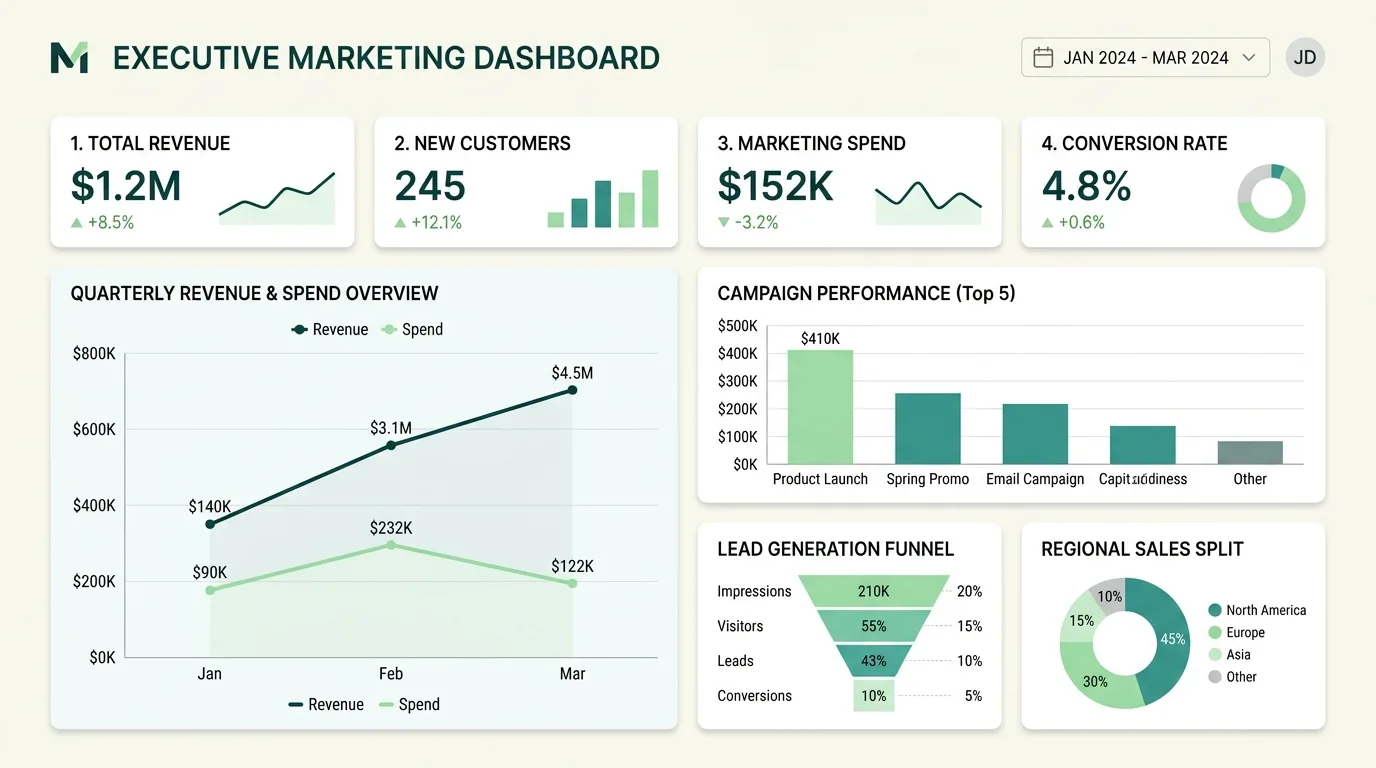 Decision-focused marketing dashboard structure.