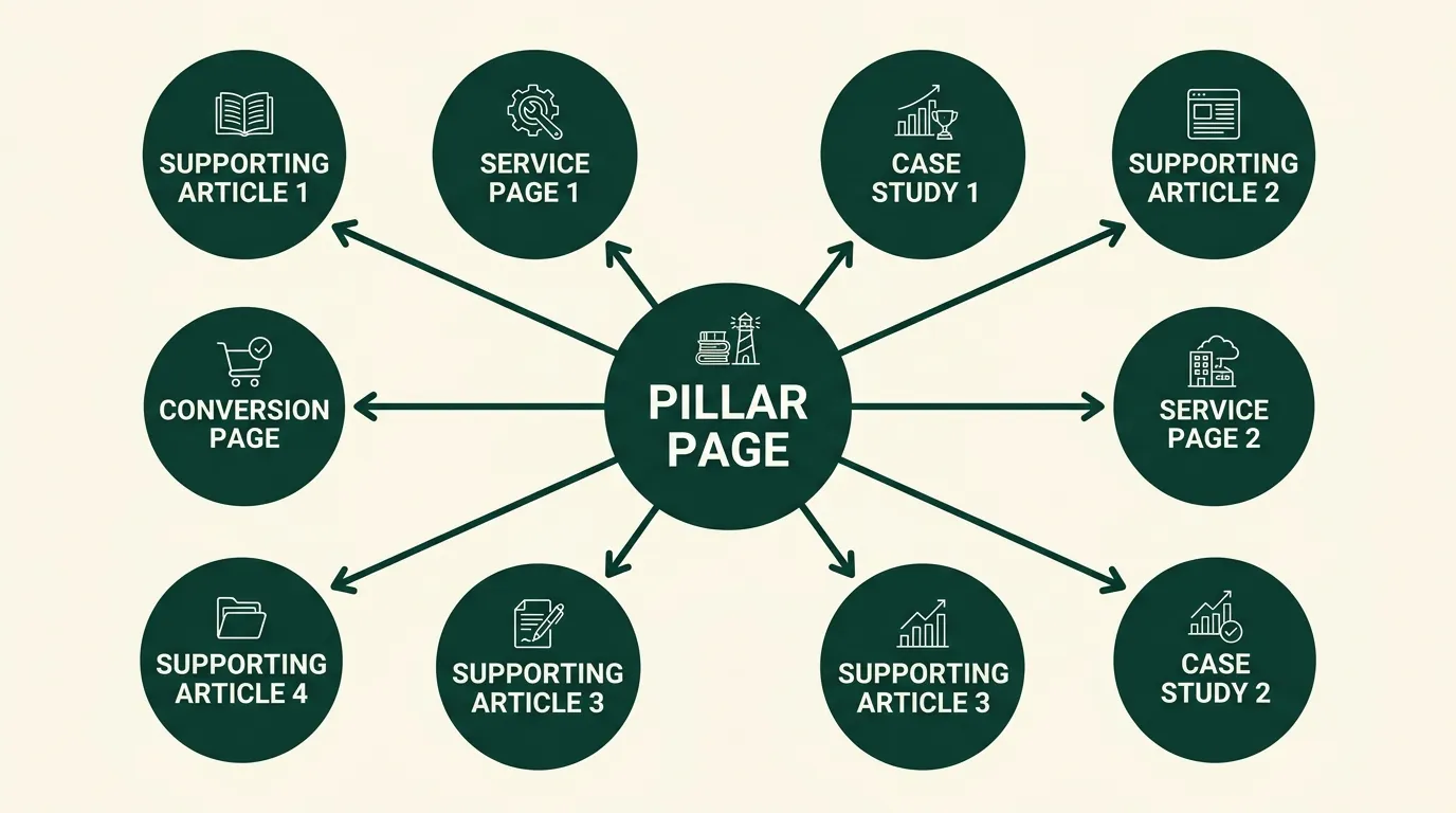 SEO and AI discovery topic cluster with internal links.